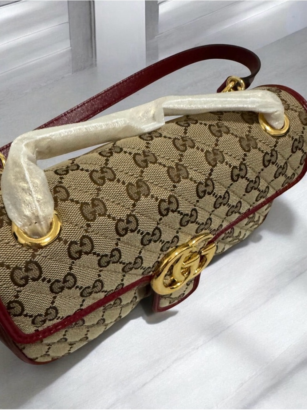 Gucci GG Marmont Shoulder Bag in Beige with Red Trim and Gold Hardware